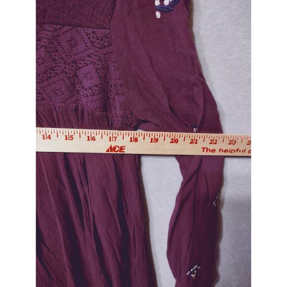 Free People Boho Tunic Top M Burgundy Embroidered Long Sleeve Peasant Blouse - Picture 8 of 10